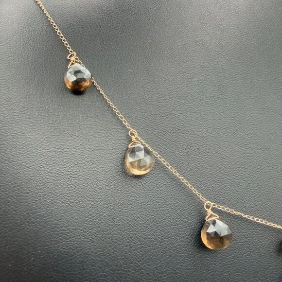 14K Yellow Gold Faceted Smoky Quartz Necklace Pear Shaped Drops Dangle - Picture 7 of 10